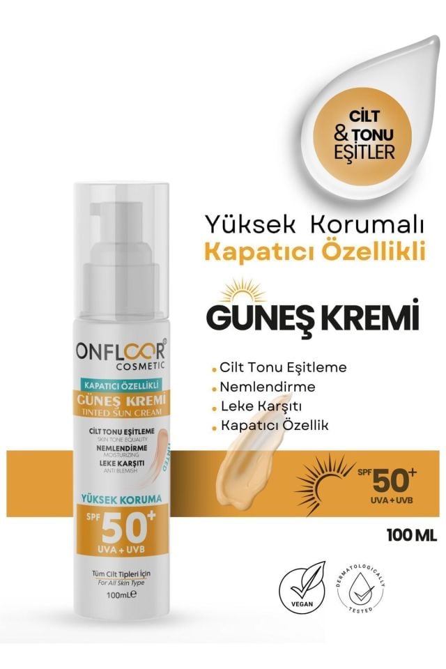 ONFLOOR COSMETİC 100 Ml Güneş Kremi Tinted Kapatıcı Özellikli Spf 50 Tüm Ciltler İçin SKT: 06-2026