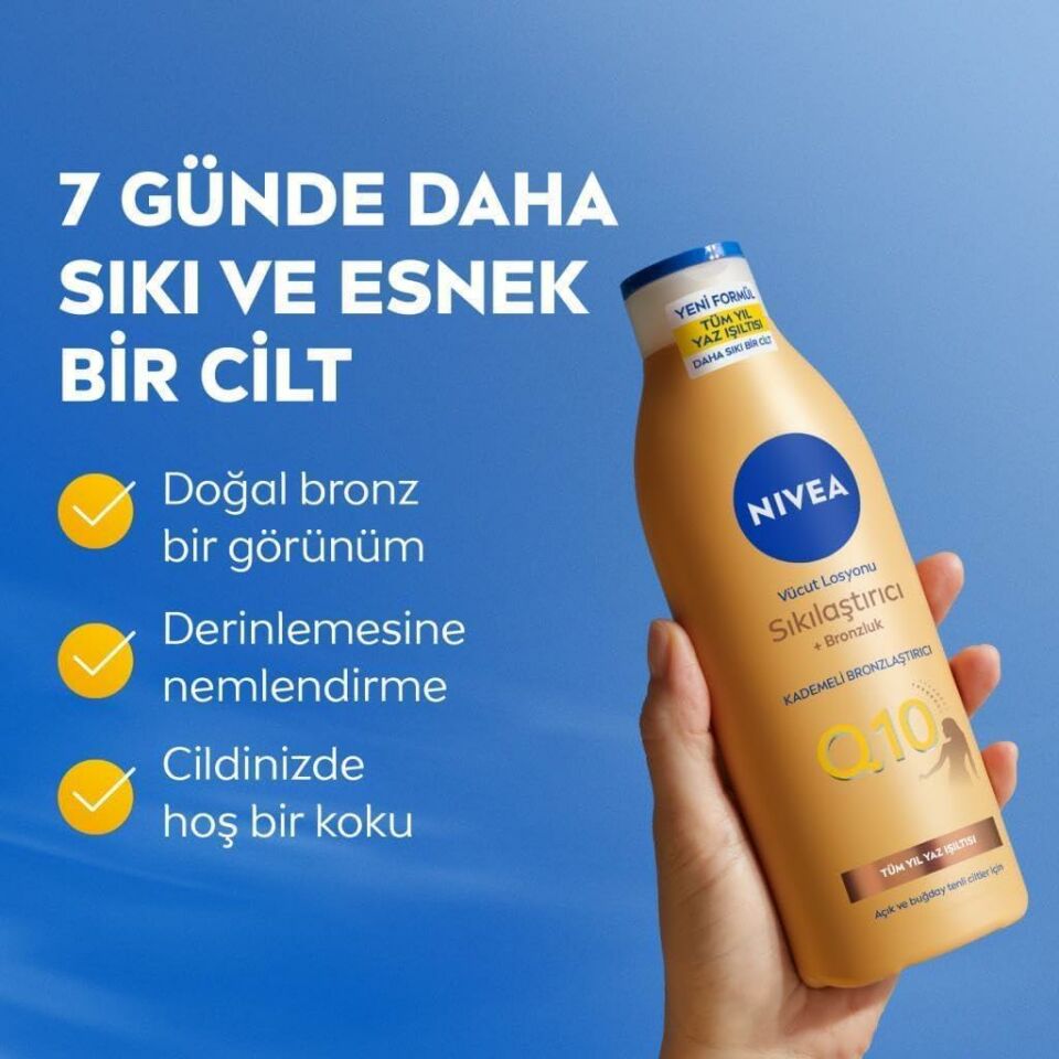 Nivea Q10 Sıkılaştırıcı Bronzlaştırıcı Vücut Losyonu 400ml, 7 Günde Sıkılaşma,Açık ve Buğday Ten,Normal Cilt