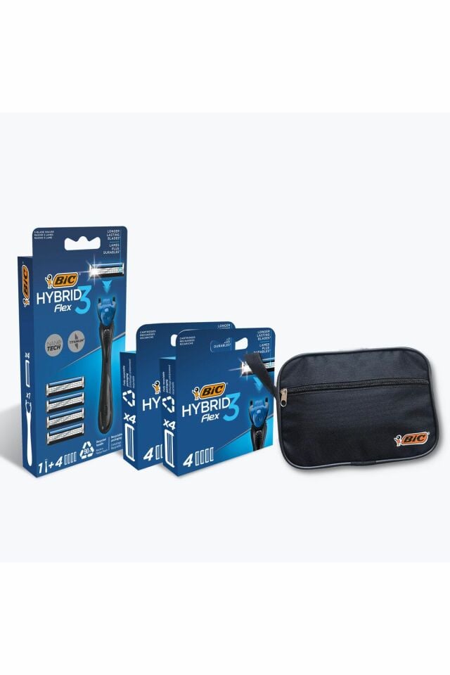 Bic Flex 3 Hybrid 3 Bıçaklı Erkek Tıraş Bıçağı, 1 Sap + 12 Yedek Başlık + Çanta 12 Aylık Paket