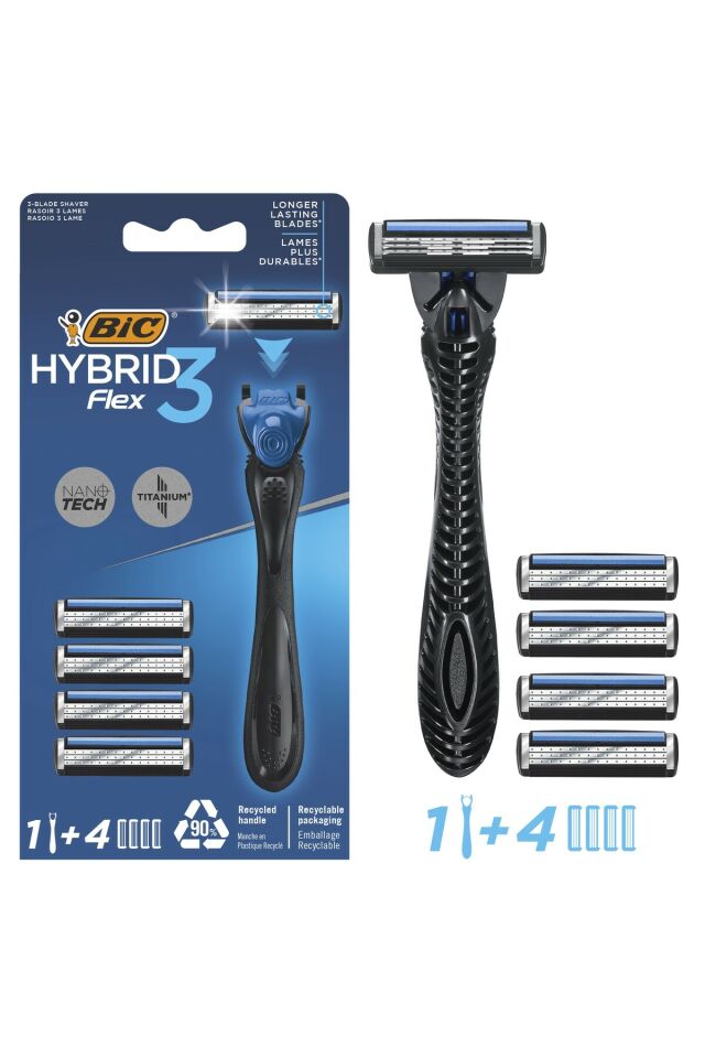 Bic Flex 3 Hybrid 3 Bıçaklı Erkek Tıraş Bıçağı, 1 Sap + 12 Yedek Başlık + Çanta 12 Aylık Paket