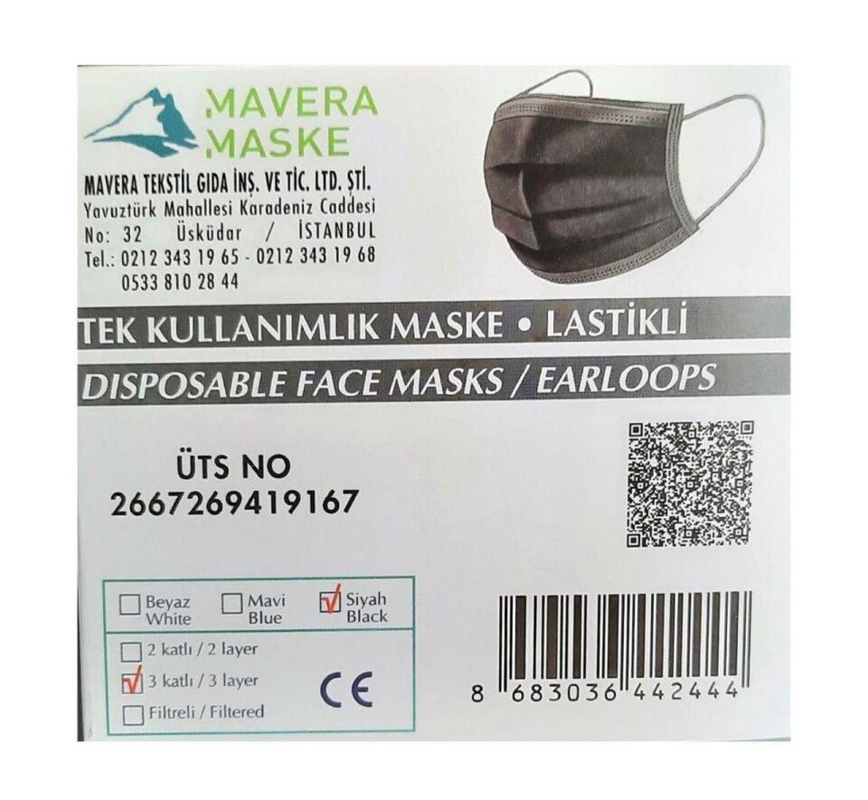 Mavera Lastikli Telli Cerrahi Yüz ve Ağız Maskesi 50 li Siyah