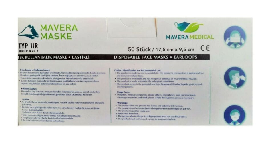 Mavera Lastikli Telli Cerrahi Yüz ve Ağız Maskesi 50 li Siyah