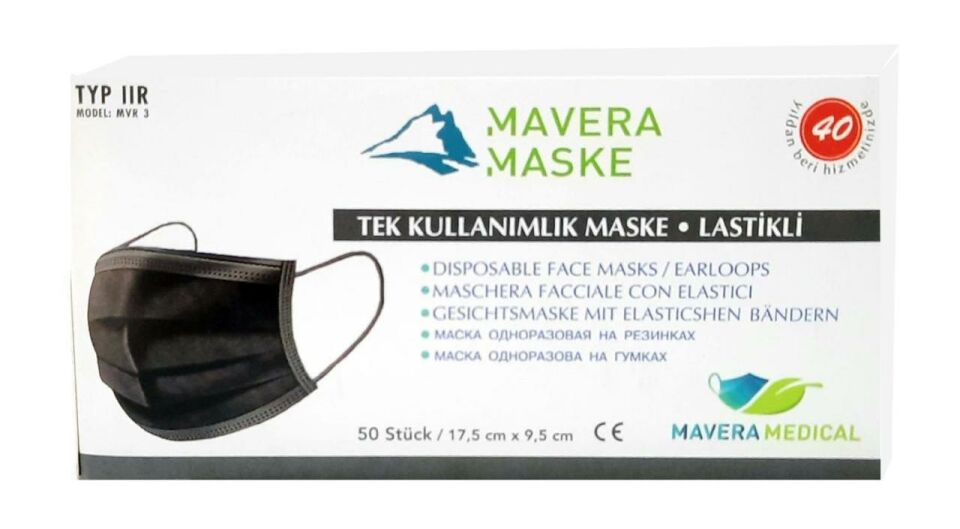 Mavera Lastikli Telli Cerrahi Yüz ve Ağız Maskesi 50 li Siyah