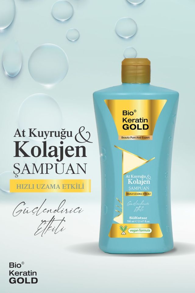 Bio Keratin Gold 700 Ml Tuzsuz Şampuan At Kuyrugu ve Kolajen Hızlı Uzama Etkili