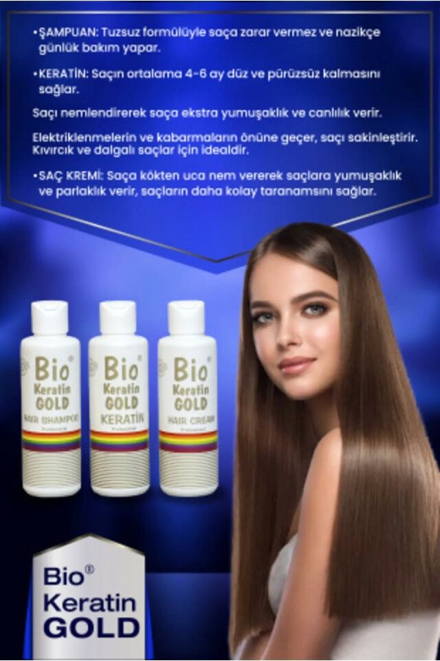 Bio Keratin Gold 150 ml + 150 ml Saç Kremi + 150 ml Şampuan Brezilya Fönü 5 Ay Kalıcı