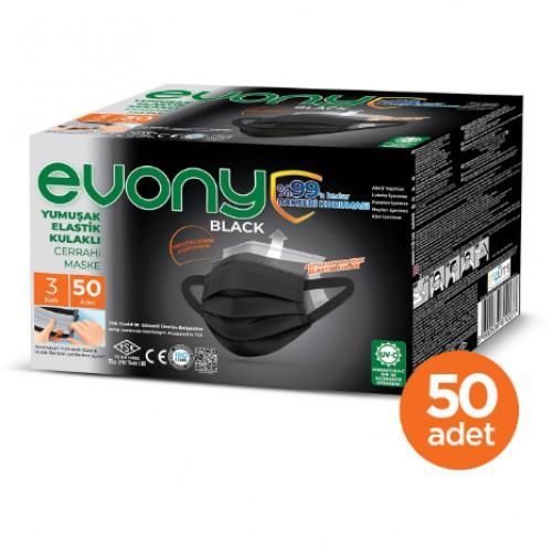 Evony Yumuşak Elastik Kulaklı Siyah Maske 50'li