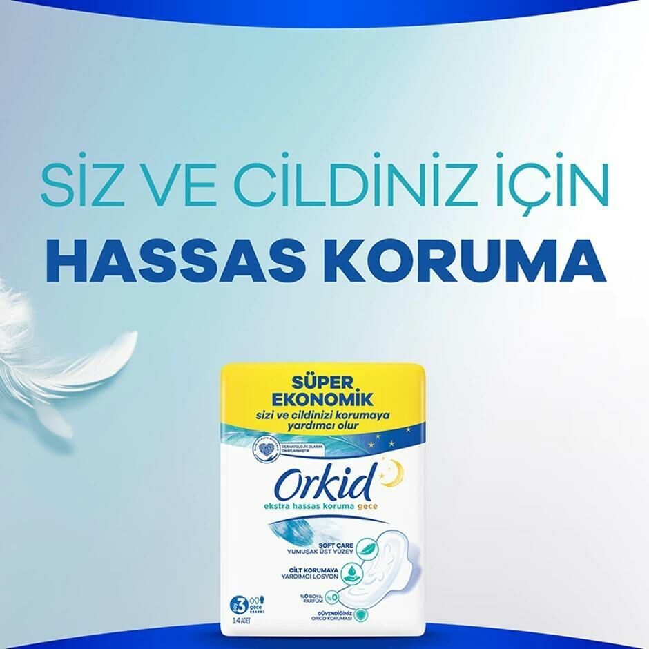 Orkid Extra Hassas Koruma Dörtlü Hijyenik Ped Gece 14'lü (Boy 3)