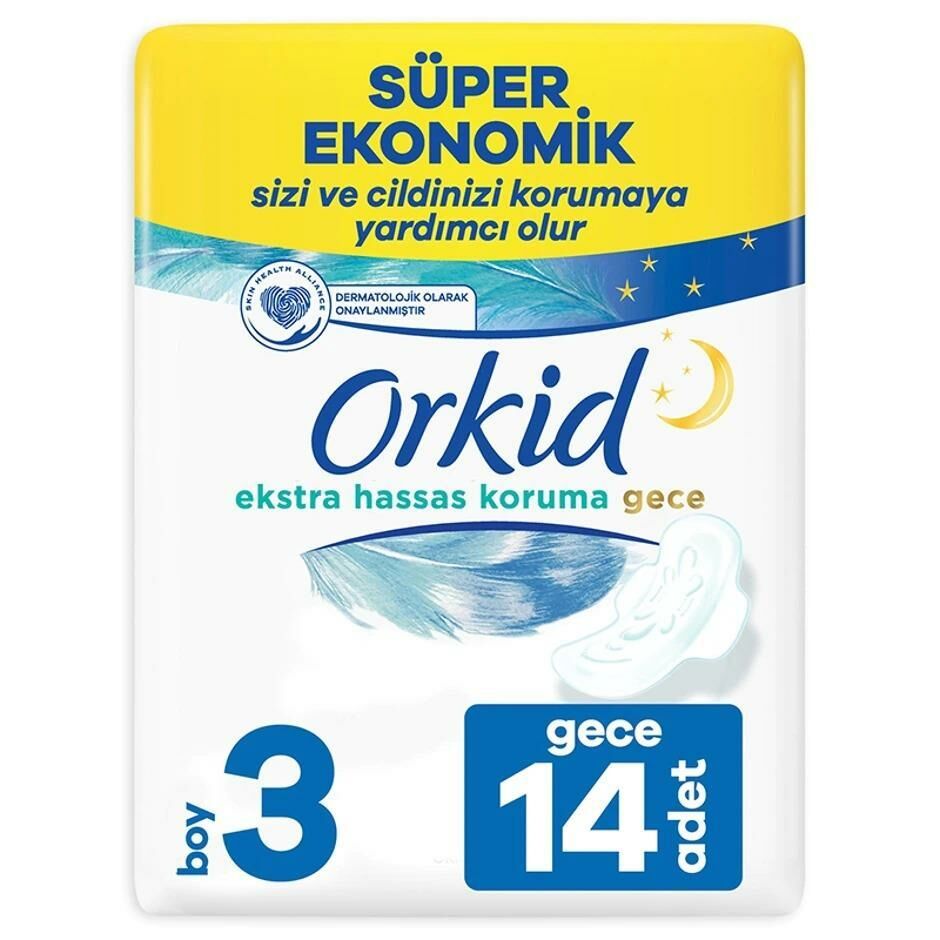 Orkid Extra Hassas Koruma Dörtlü Hijyenik Ped Gece 14'lü (Boy 3)
