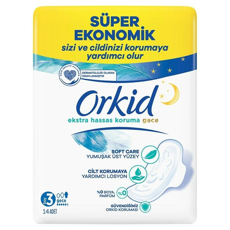 Orkid Extra Hassas Koruma Dörtlü Hijyenik Ped Gece 14'lü (Boy 3)