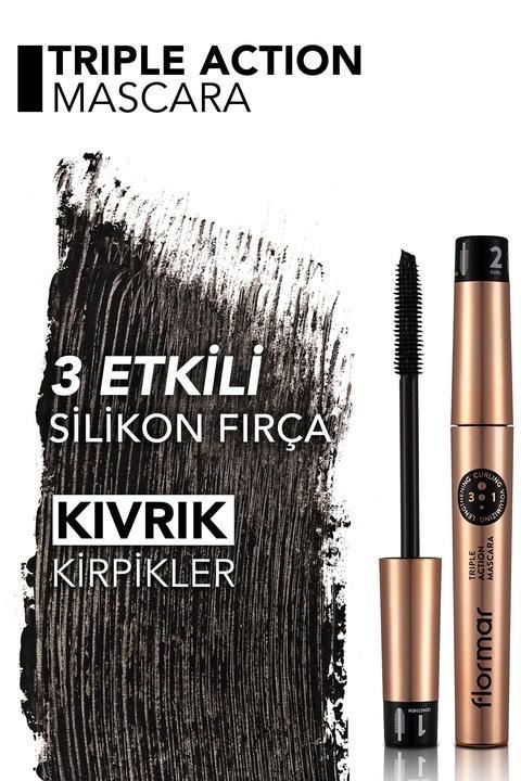 Flormar Uzun-Kıvrık-Hacimli Görünüm Veren Silikon Fırçalı Üç Aşamalı Maskara (Siyah) - Triple Action