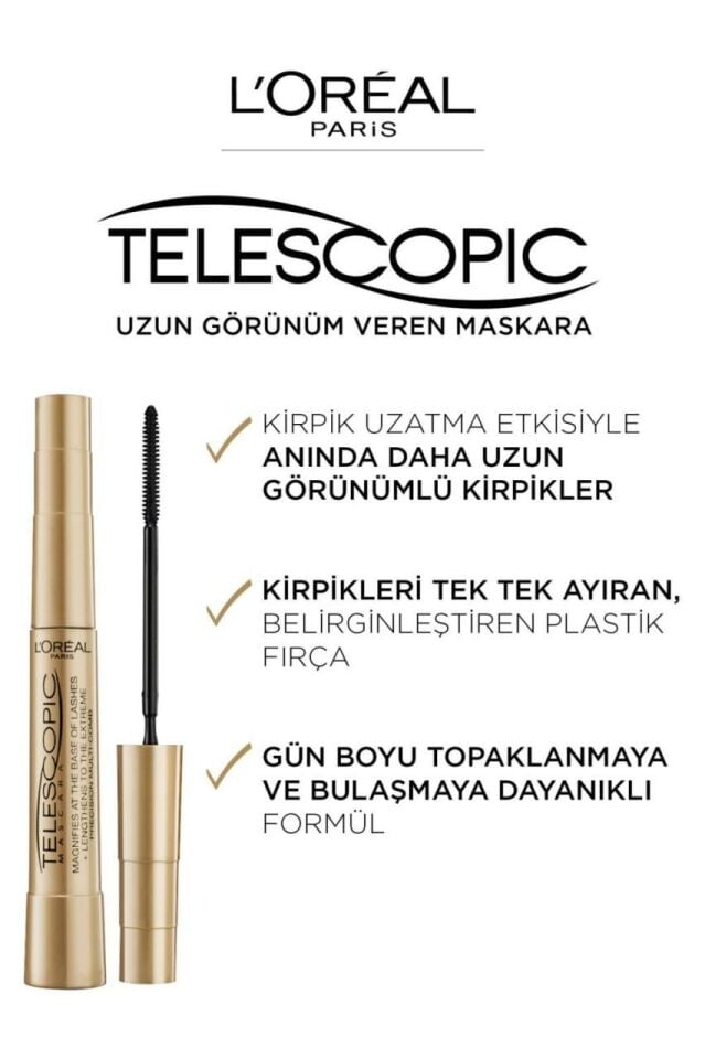 Loreal Paris Telescopic Siyah Maskara 8 ml Uzun Görünüm Gold Black