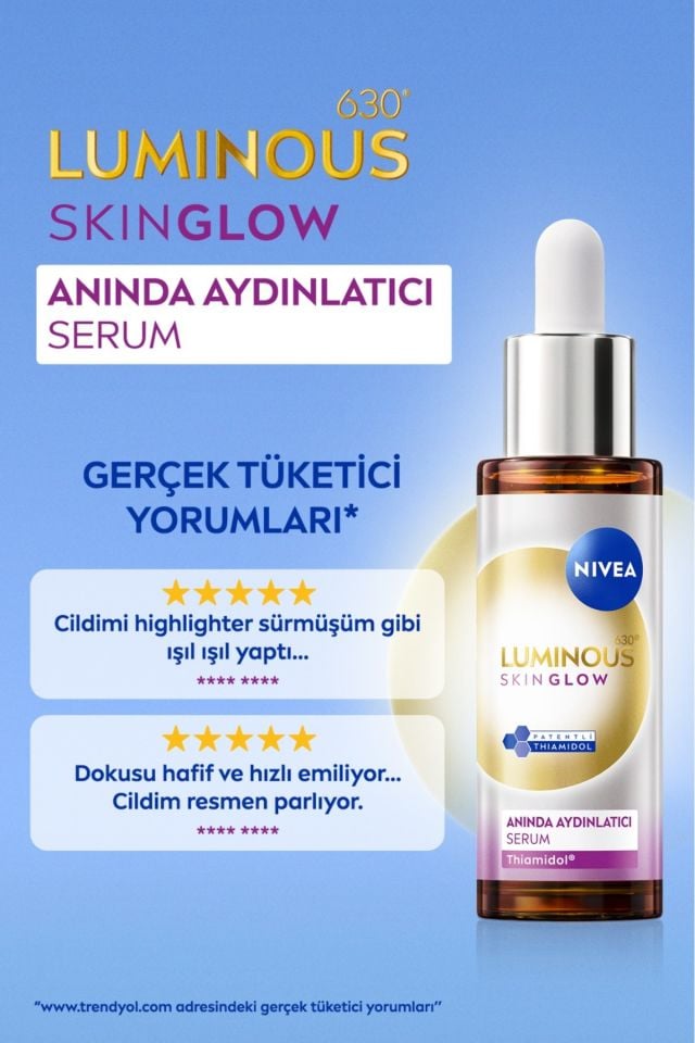 Nivea Luminous630 Skin Glow Anında Aydınlatıcı Serum, 30 ml, Eşit Cilt Tonu,Nemlendirme,Leke Karşıtı Thiamidol,Niasinamid,Aloe Vera
