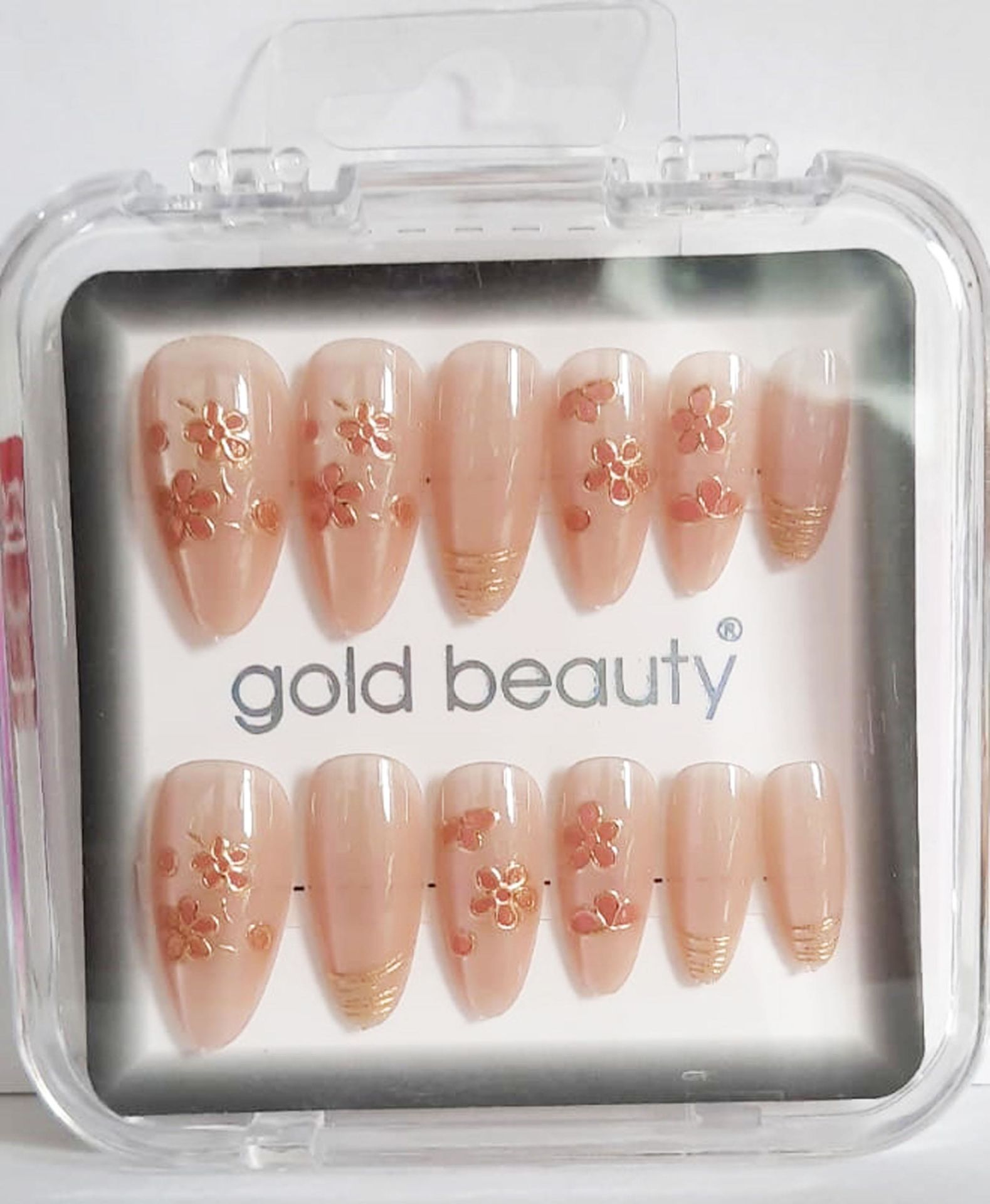 Gold Beauty Kedi Gözü Takma Tırnak 12 li EP-1527 - 20 Ten Çiçek Desenli