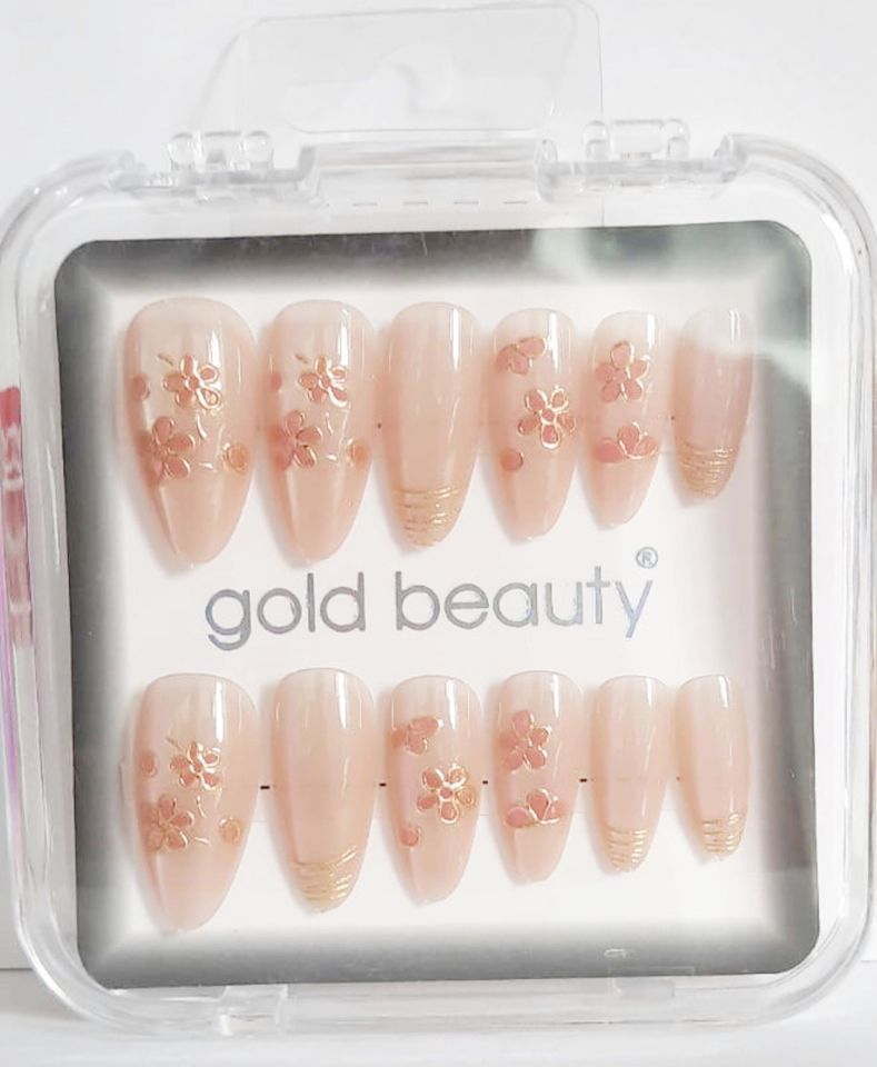 Gold Beauty Kedi Gözü Takma Tırnak 12 li EP-1527 - 20 Ten Çiçek Desenli