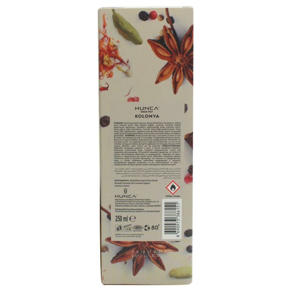 Hunca Kolonya Spice 250 Ml Cam Şişe 80 Derece