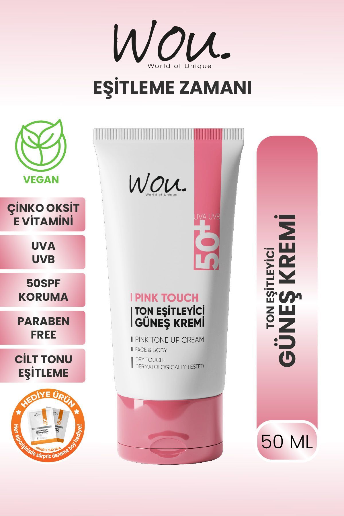 Wou Pink Touch Spf 50+ Ton Eşitleyici + Onarıcı + Yüksek Korumalı Güneş Kremi 50 ML
