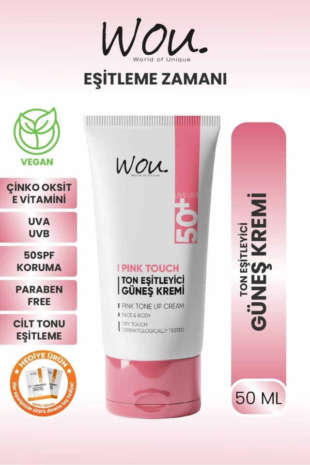 Wou Pink Touch Spf 50+ Ton Eşitleyici + Onarıcı + Yüksek Korumalı Güneş Kremi 50 ML