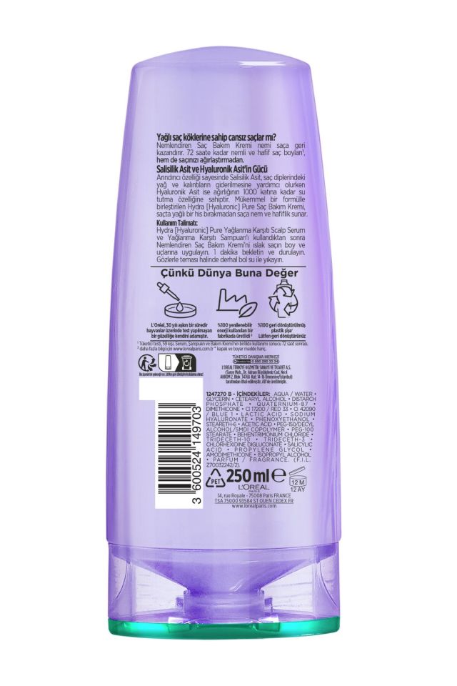 Elseve Saç Kremi Hydra Pure Salisilik Asit içeren Yağlanma Karşıtı Yağlı Saçlar 250 Ml