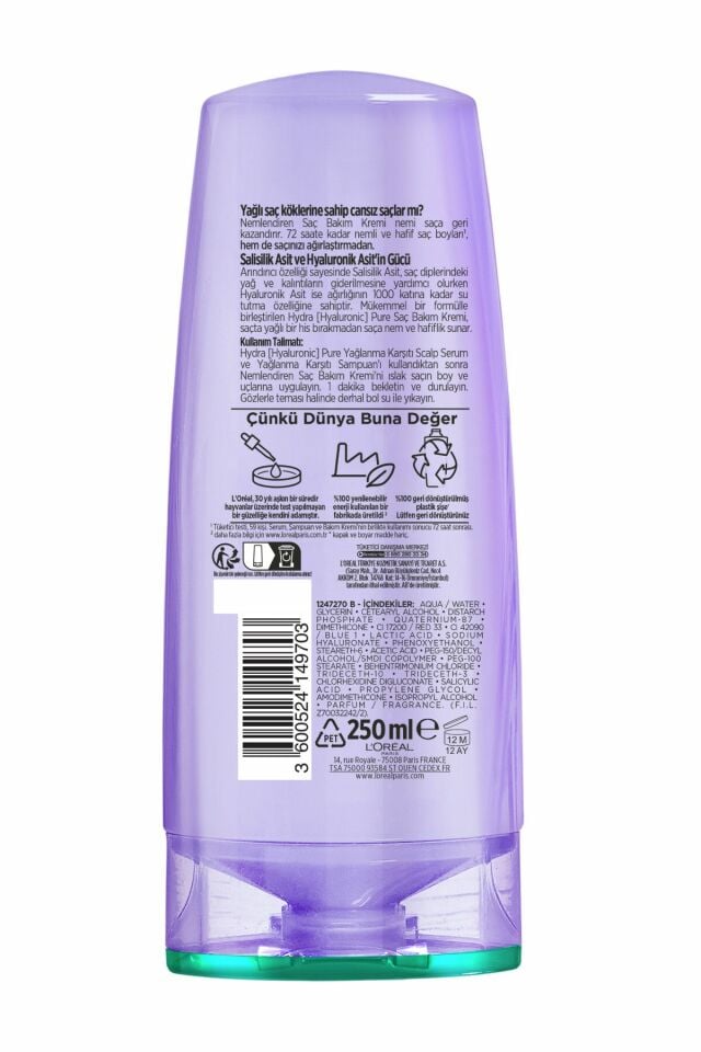 Elseve Saç Kremi Hydra Pure Salisilik Asit içeren Yağlanma Karşıtı Yağlı Saçlar 250 Ml