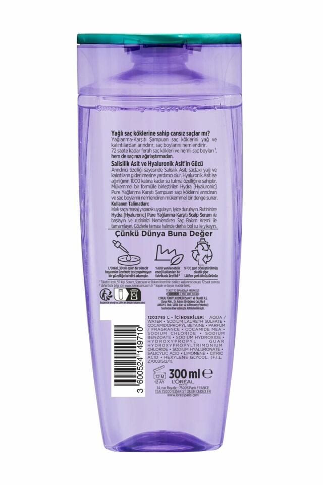 Elseve Şampuan Hydra Pure Salisilik Asit içeren Yağlanma Karşıtı Yağlı Saçlar 300 Ml