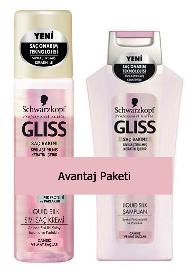 Gliss Liquid Silk Şampuan 400 Ml + 200 Ml Sıvı Saç Kremi Cansız ve Mat Saçlar