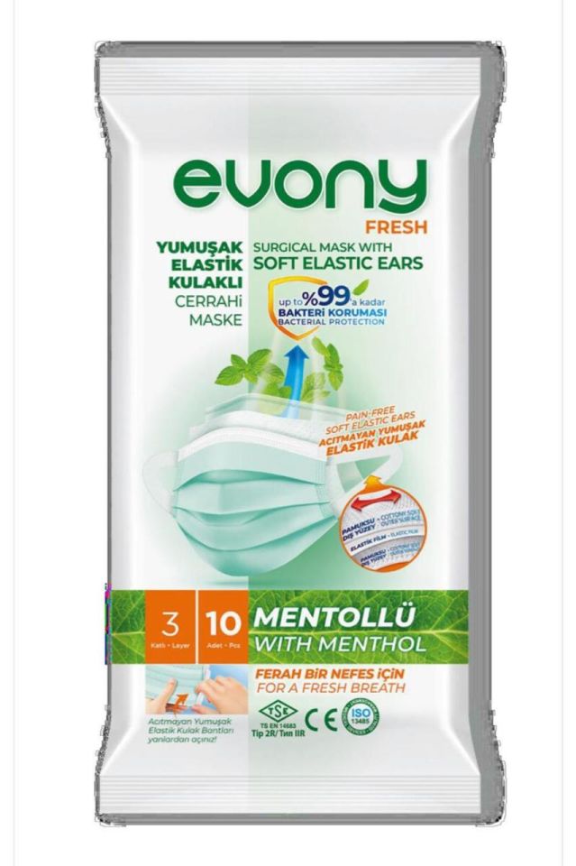 Evony Cerrahi Maske Yumuşak Elastik Kulaklı Fresh Mentollü 10 Adet