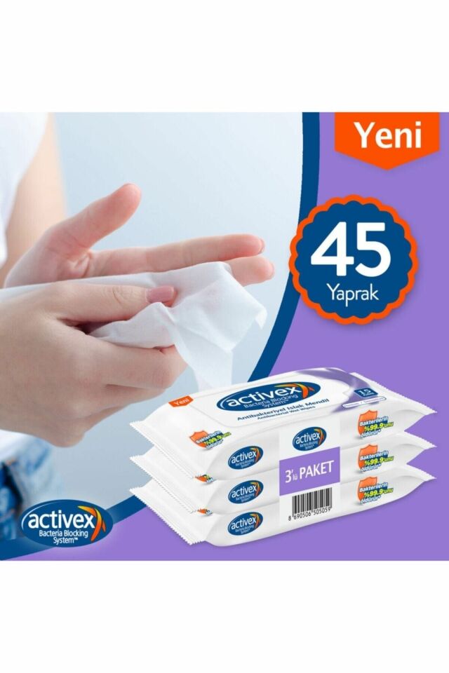 Activex Antibakteriyel Islak Mendil Hassas 15 Adet X 3 LÜ 45 Yaprak