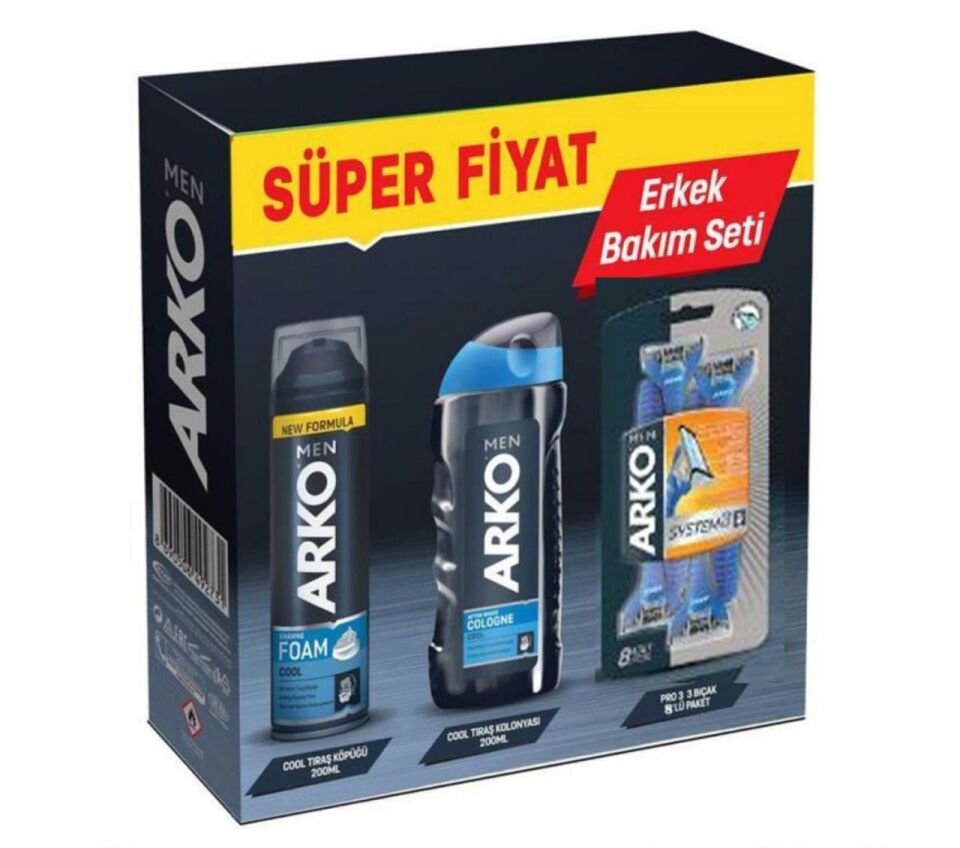 Arko Men Erkek Bakım Seti Cool - ( 8 Bıçak + 200 Ml Köpük + 255 Ml Kolonya )