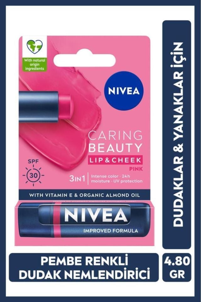 Nivea Lip Balm Bakımlı ve Renkli Dudak Balmı Pembe 4,8Gr Pink Nemlendırme,Spf30,Doğal Yağlar,E Vitamini,Dudak Ve Yanaklar Için