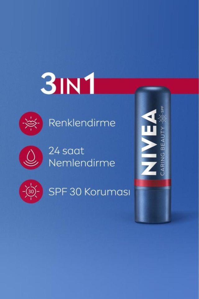 Nivea Lip Balm Bakımlı ve Renkli Dudak Balmı Kırmızı 4,8Gr Red Nemlendırme,Spf30,Doğal Yağlar,E Vitamini,Dudak Ve Yanaklar Için
