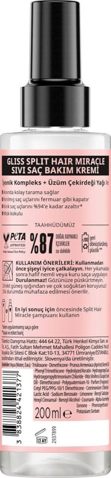 Gliss Sıvı Saç Bakım Kremi Split Hair Miracle Kırık Uçları Mühürleyen İyonik Kompleks ve Üzüm Çekirdeği Yağı ile 200 Ml