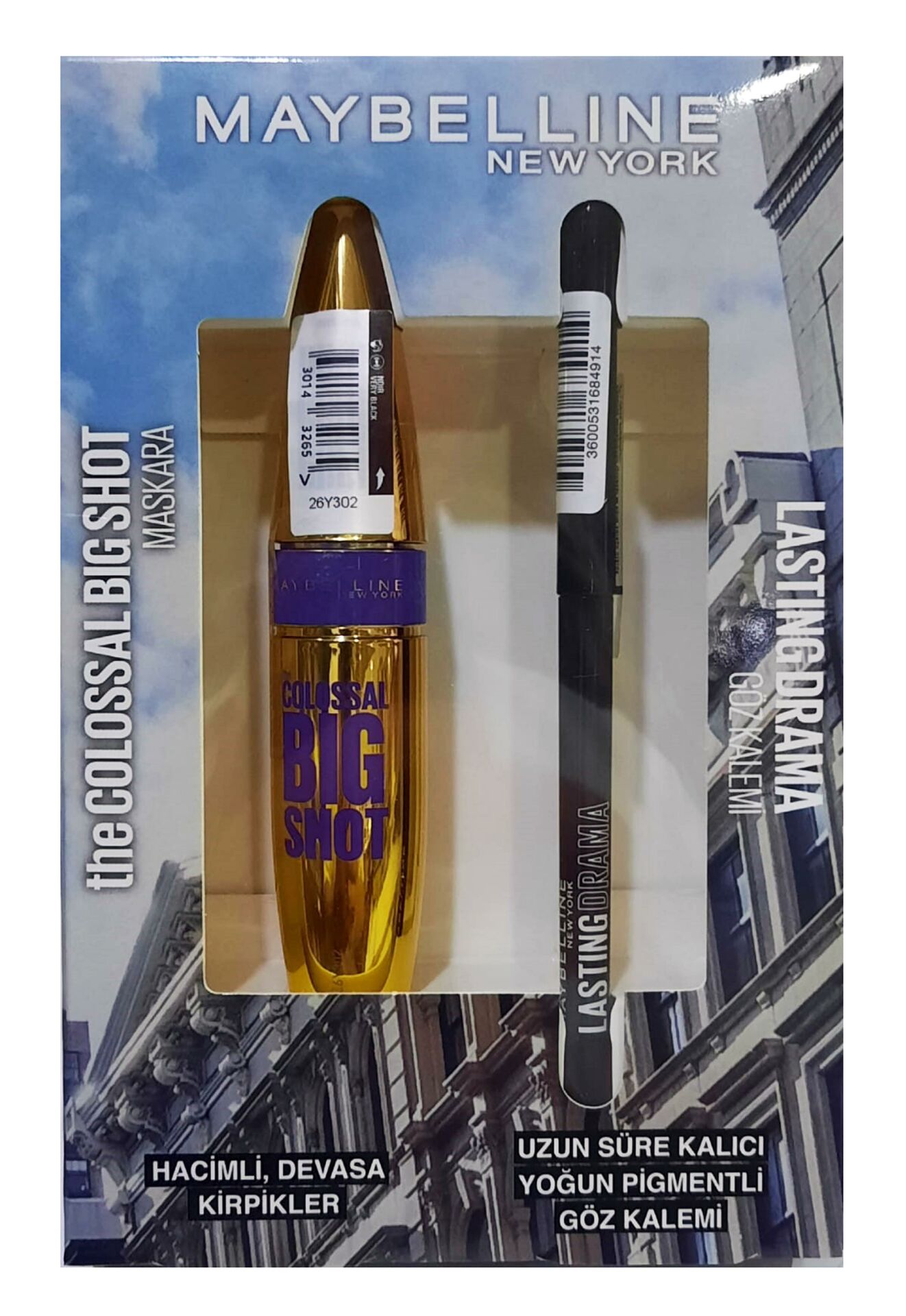 Maybelline Maskara Siyah Colossal Big Shot + Lasting Drama Çevirmeli Jel Uzun Süre Kalıcı Siyah Kalem