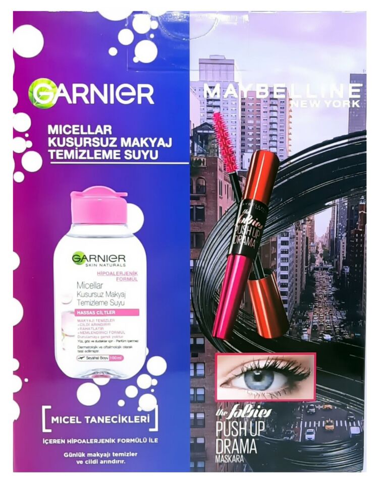Maybelline Maskara Falsies Push Up Drama Yoğun Siyah + Garnier Micellar 100 Ml