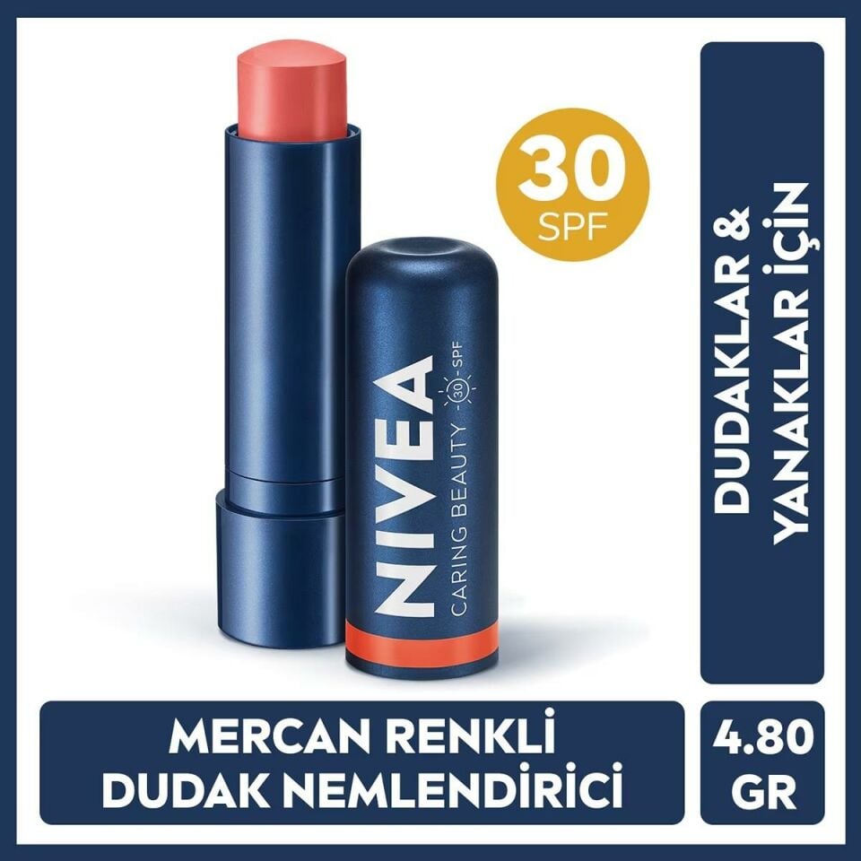 Nivea Lip Balm Bakımlı ve Renkli Dudak Balmı Mercan 4,8Gr Spf30,Doğal Yağlar,E Vitamini,Dudak Ve Yanaklar Için Coral