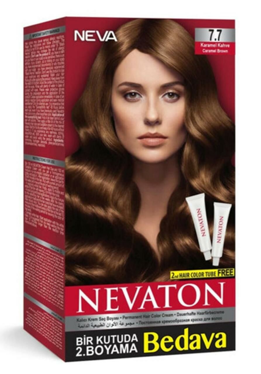 Nevaton 7.7 Karamel Kahve Saç Boyası Seti 1 Kutuda 2 Boyama