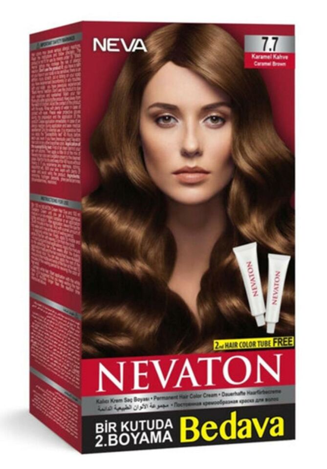 Nevaton 7.7 Karamel Kahve Saç Boyası Seti 1 Kutuda 2 Boyama