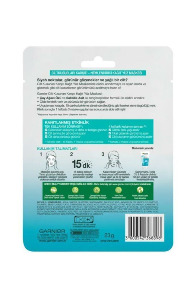 Garnier Saf ve Temiz Cilt Kusurları Karşıtı Kağıt Yüz Maskesi