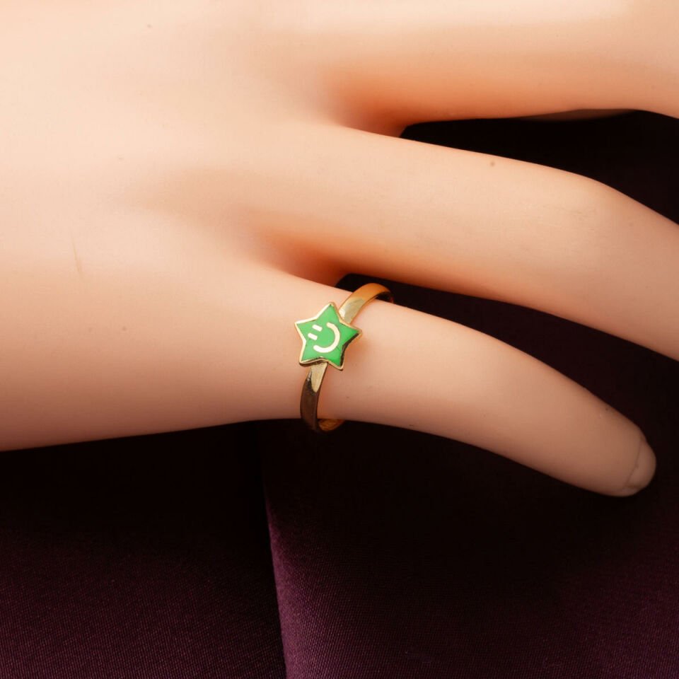 Yeşil Mineli Gülen Yıldız Altın Çocuk Yüzüğü