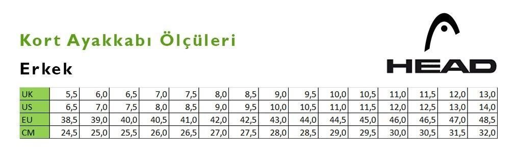 Head Erkek Tenis Ayakkabı Beden Tablosu