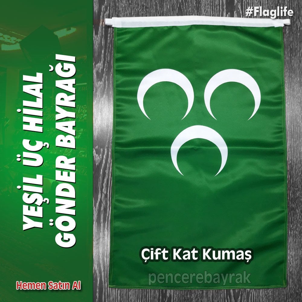 70x105 cm – Yeşil Sancak | Üç Hilal | Lüks Özel Saten Kumaş