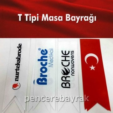 Masa Üstü İki Direkli T Tipi Direk Özel Logolu T Masa Bayrağı - 8x30 cm