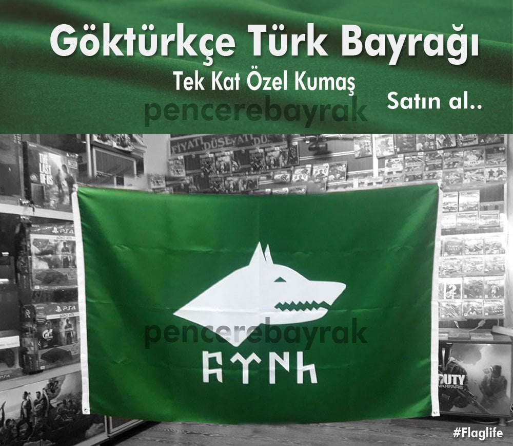 Göktürkçe Türk Yazılı Bayrak | Yeşil Renk | 70x100 cm