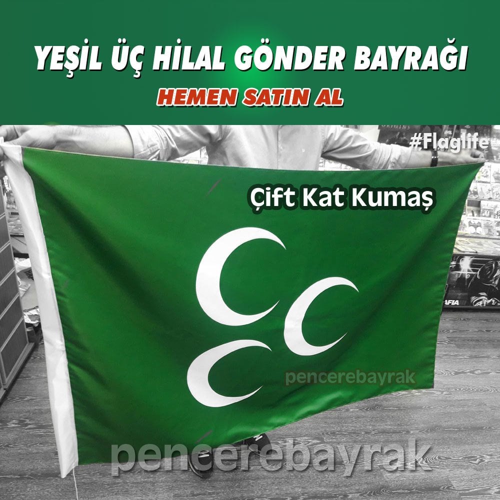 Üç hilal bayrak | Saten Kumaş | Çift Kat | Ölçü Seçiniz