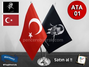 Atatürk Tasarımlı ve Ay Yıldızlı Türk Bayraklı Çift Direkli Masa Üstü Bayrak