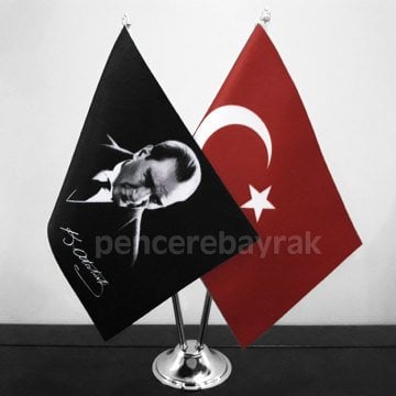 Atatürk Tasarımlı ve Ay Yıldızlı Türk Bayraklı Çift Direkli Masa Üstü Bayrak