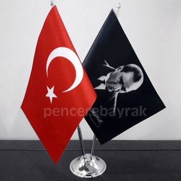 Atatürk Tasarımlı ve Ay Yıldızlı Türk Bayraklı Çift Direkli Masa Üstü Bayrak