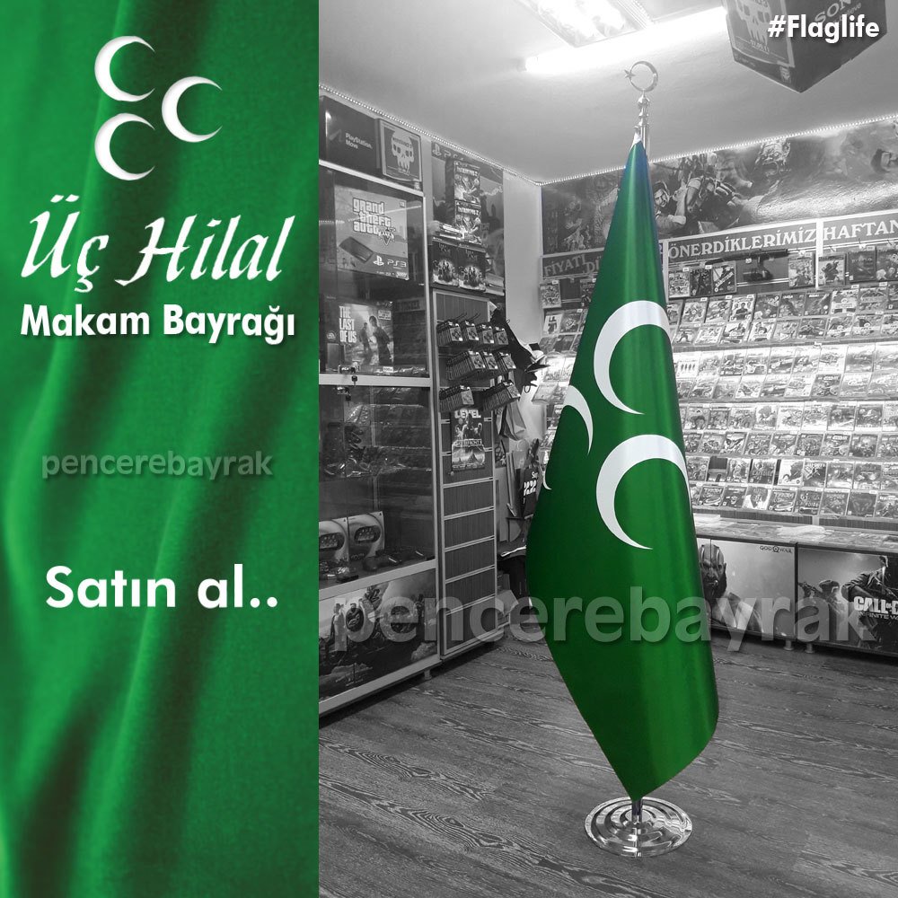 Üç Hilal'li Yeşil Makam Bayrağı - Makam Bayrak 3 Hilal