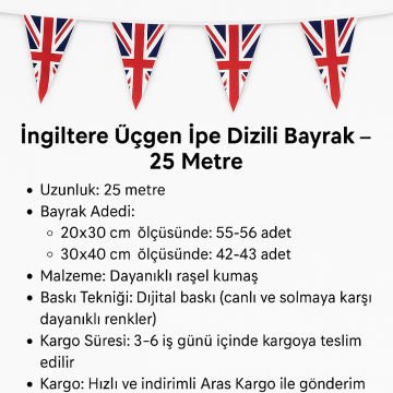 İngiltere ( İpe Dizili Üçgen Bayrak ) 25 Metre