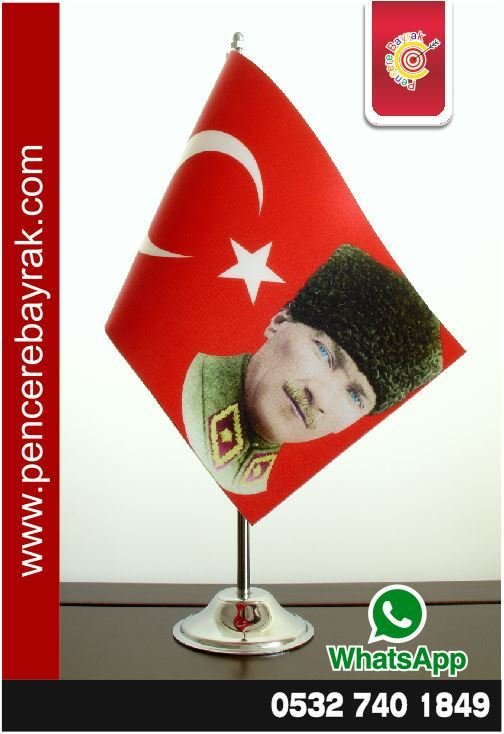 Atatürk'lü Tek Direkli Masa Üstü V Tipi Bayrak - Kırmızı Zemin, Özel Potre Baskı