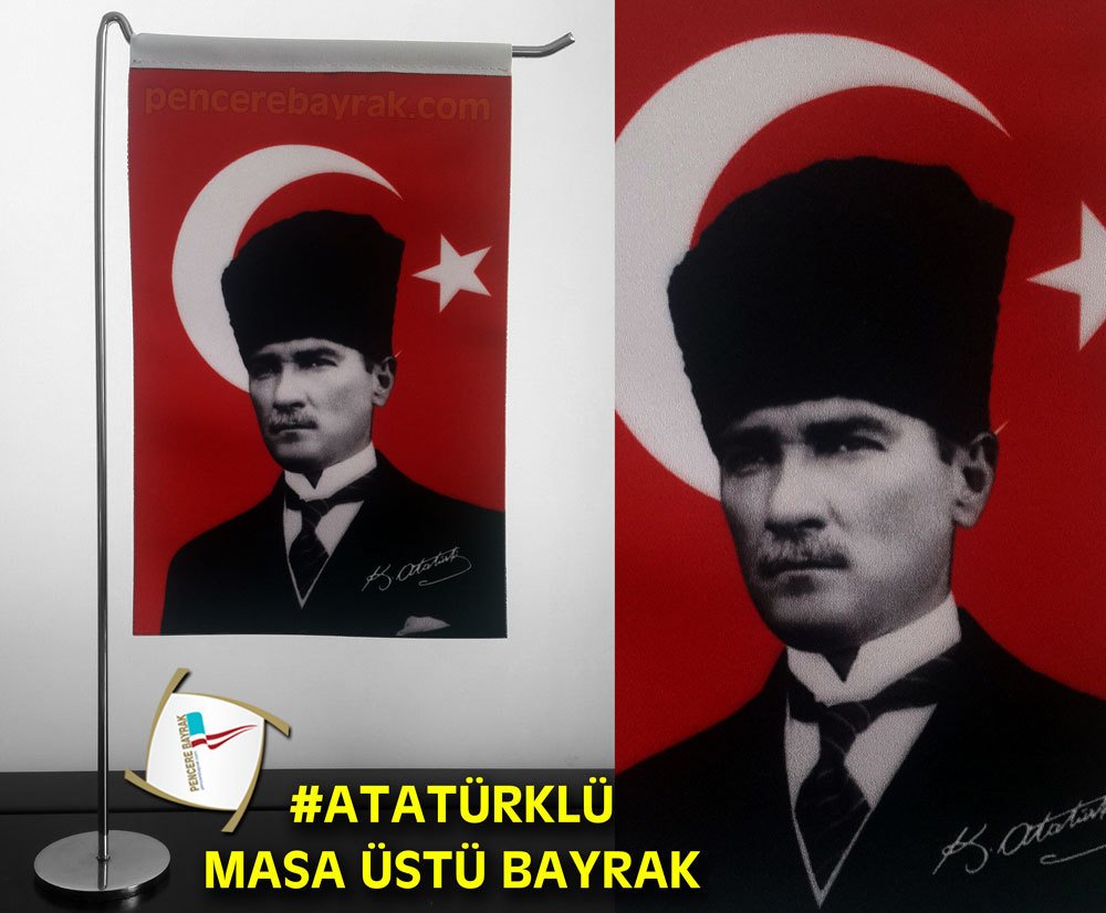 Atatürk'lü Tek Direkli Masa Üstü L Tipi Lüks Kumaş Baskı Bayrağı - 15x22,5 cm